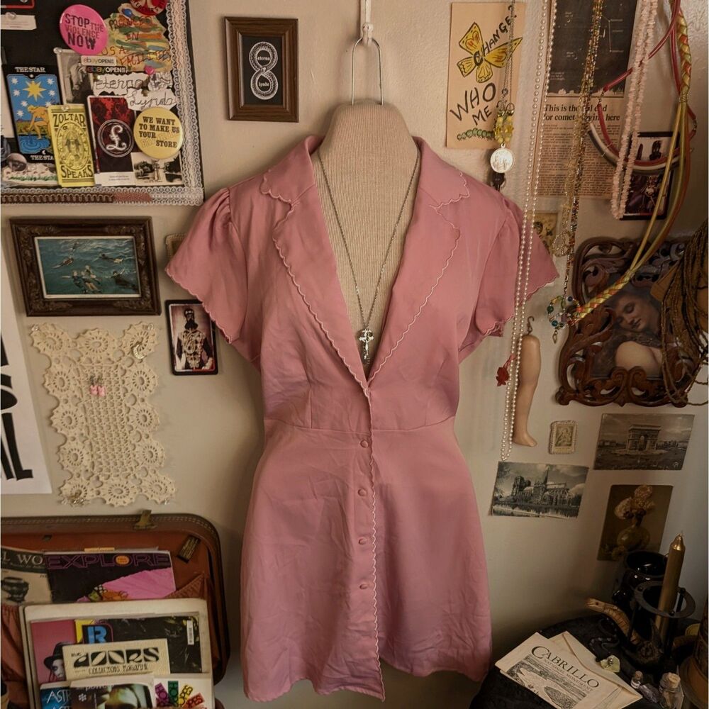 Collared Button Down Mini Dress Women's Large Light Pink